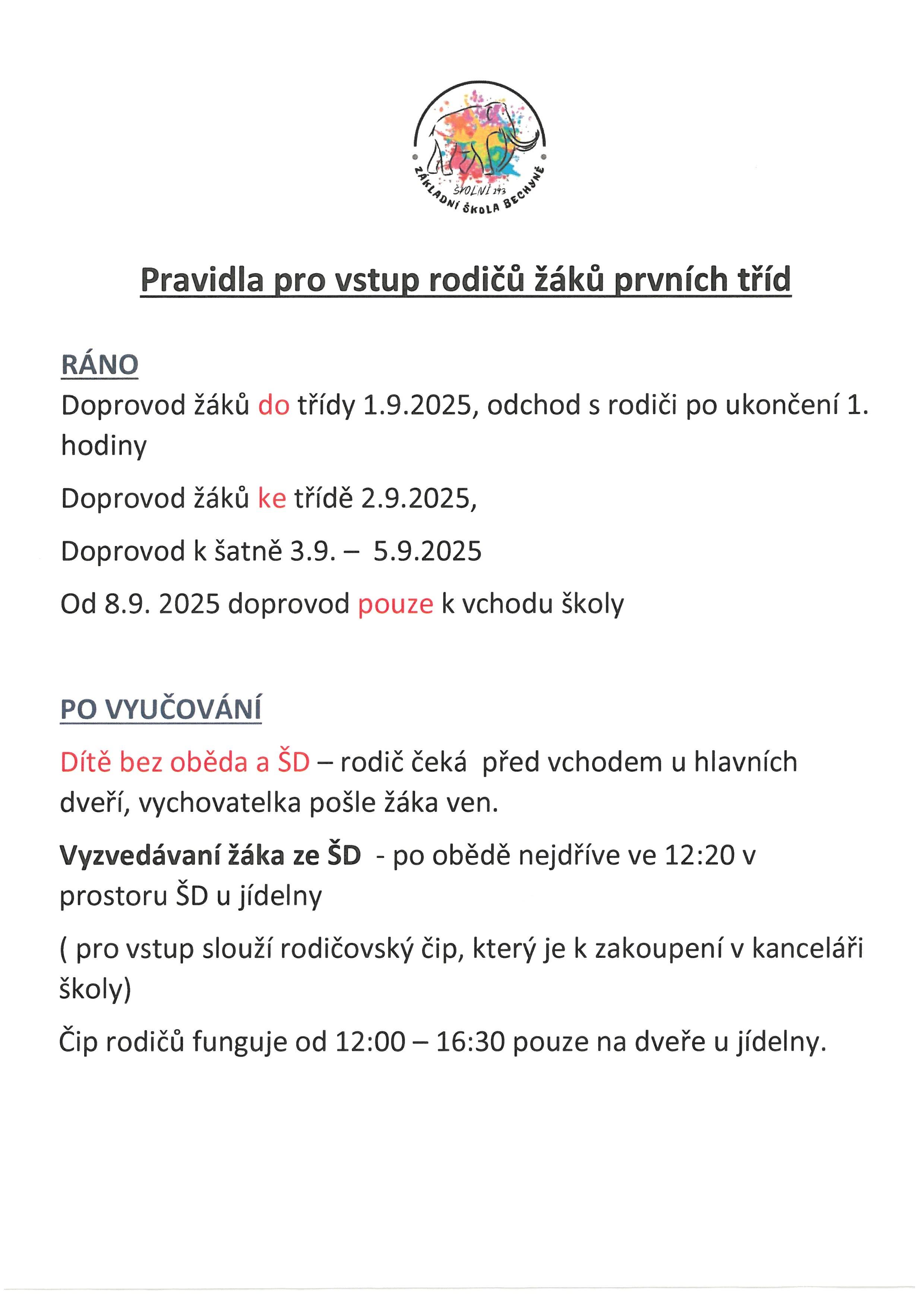 Pravidla pro vstup rodičů žáků prvních tříd