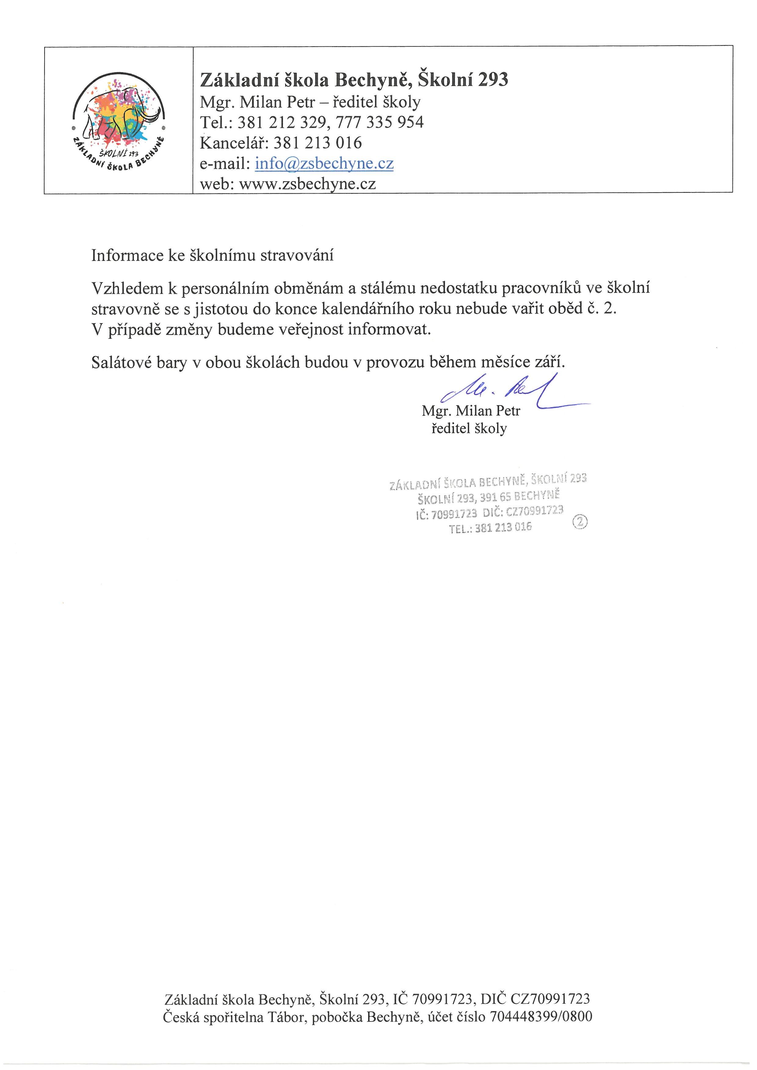 Informace ke školnímu stavování