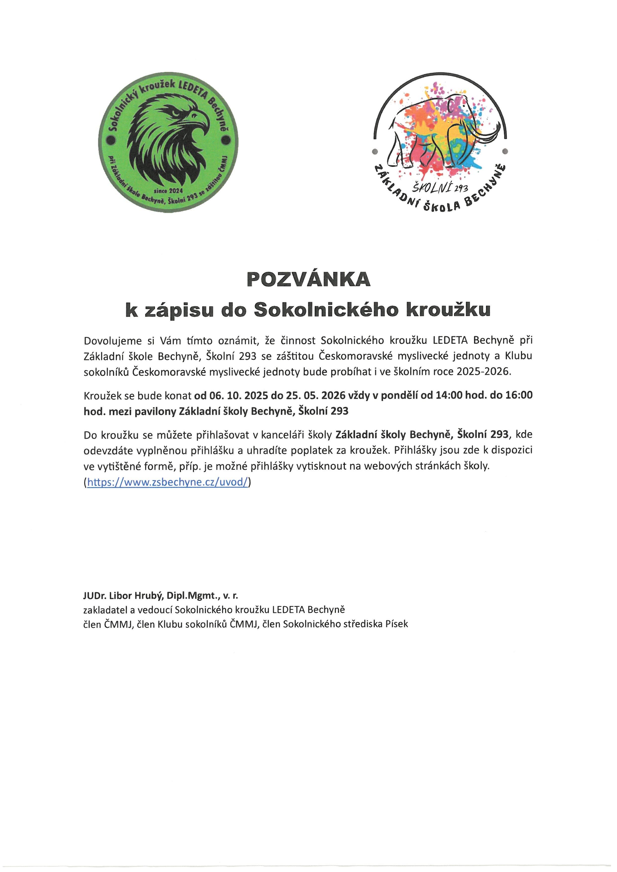 Pozvánka k zápisu do Sokolnického koužku