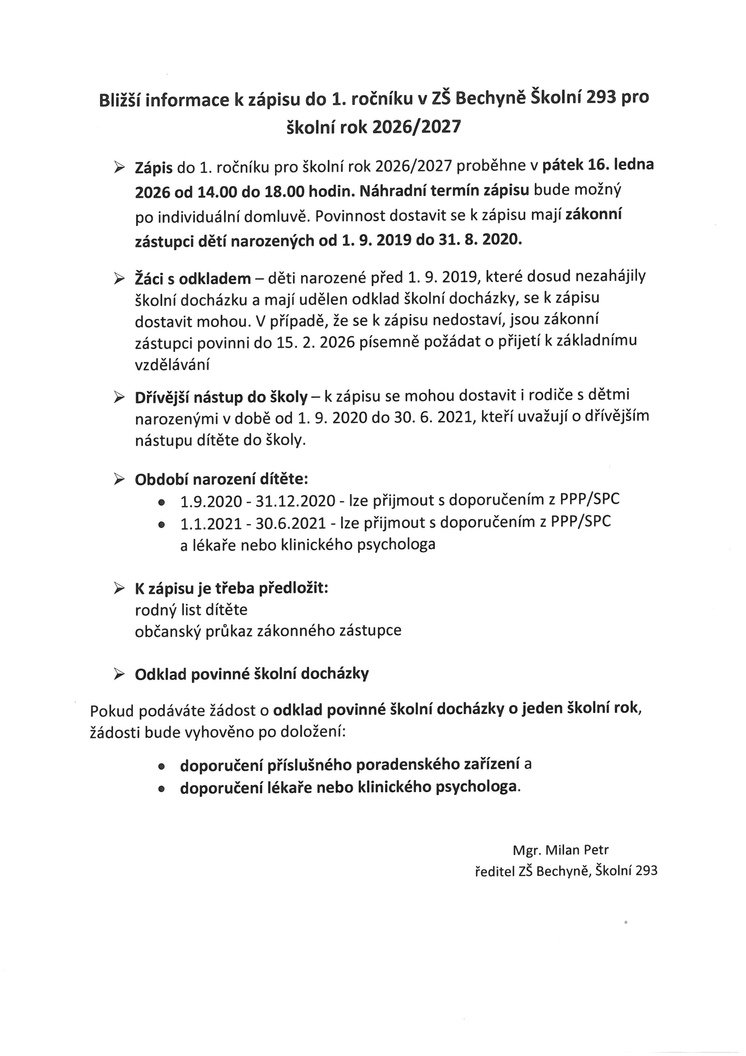 Bližší informace k zápisu do 1. ročníku 2026/2027