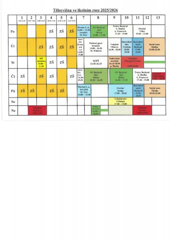 Obsazenost tělocvičny pro  školní rok 2025-2026