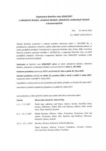 Organizace školního roku 2024-25 v základních školách dle MŠMT