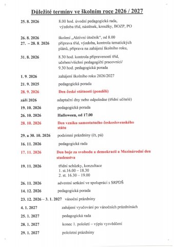 Důležité termíny ve školním roce 2026-2027